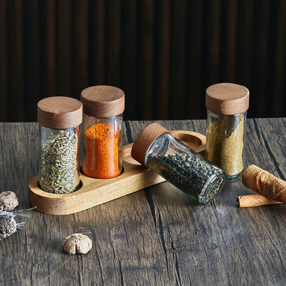 Glass Seasoning Jars Spice Box Wooden Pallets Three-piece Set Spice Jars Kitchen Storage Containers Salt Seasoning Organizer